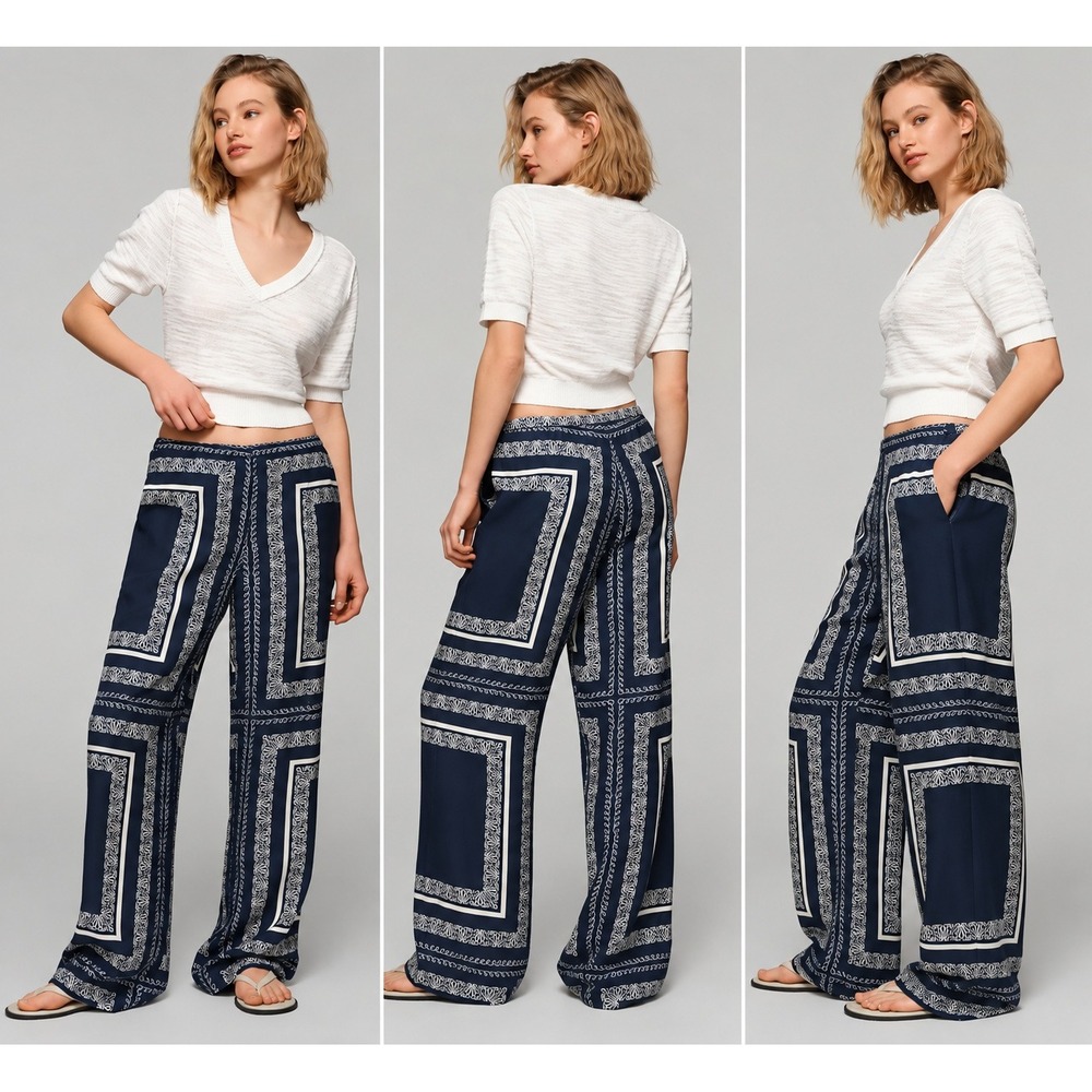MON RENN Anthropologie Serafina Pants SZ XL NWT Navy Wide Leg Resort $178